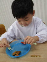 作った野菜を食べる